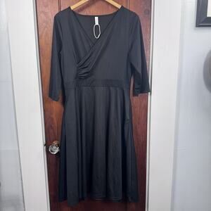 Black Faux Wrap Dress Womens Size XL Ruched V-Neck 3/4 Sleeve Midi